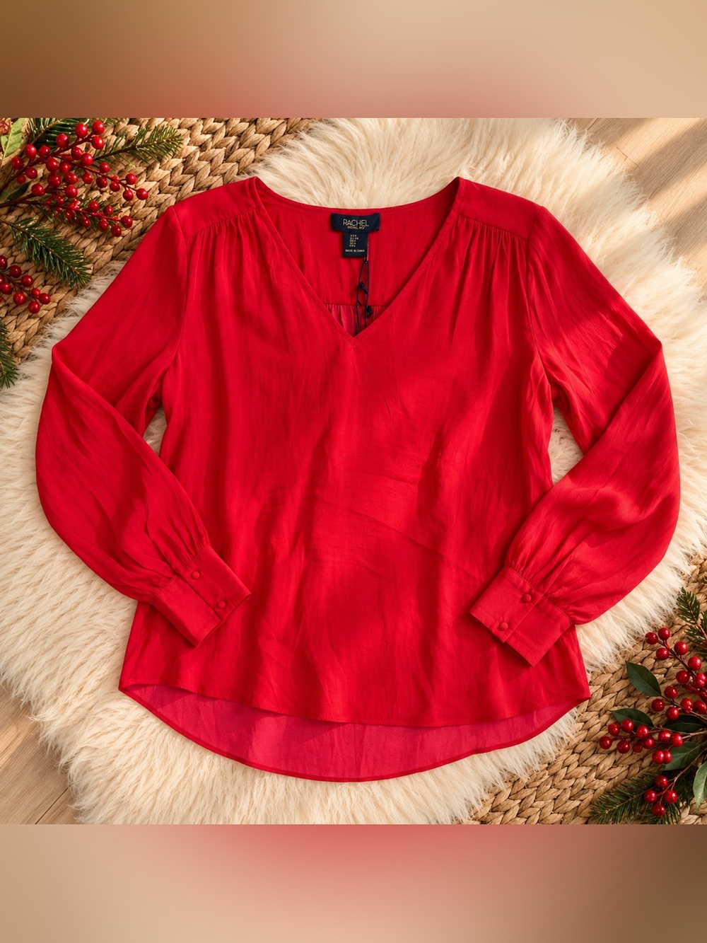 New RACHEL Rachel Roy Red V-Neck Long Sleeve Blouse Small